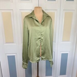 Mistress Rocks Devotion Satin Button Down Shirt Sage Green Long Sleeve Blouse S